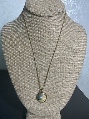 Vintage Gold Snake Chain Abstract Art Glass Cabochon Pendant Necklace